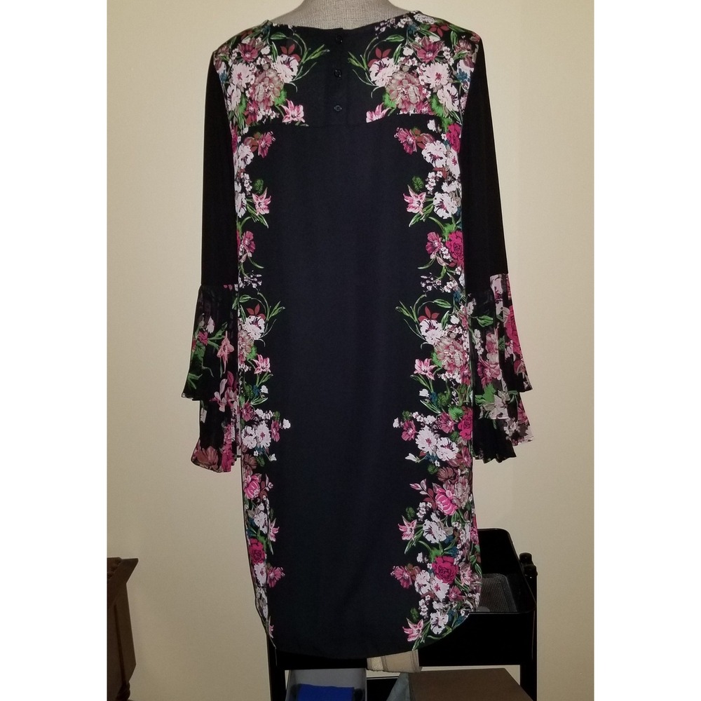 INC Floral Shift Dress Womens 10 Black Excellent Tiered Bell Sleeve Boho